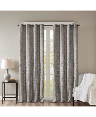 Mirage Knitted Jacquard Damask Total blackout curtains for bedroom, Silver grommet top fit up to 1.25 inches rod Single Curtain Panel for Living Room, Width 50 length 95 inches, Pitch Black Ambiance Charcoal 1 Window Panel