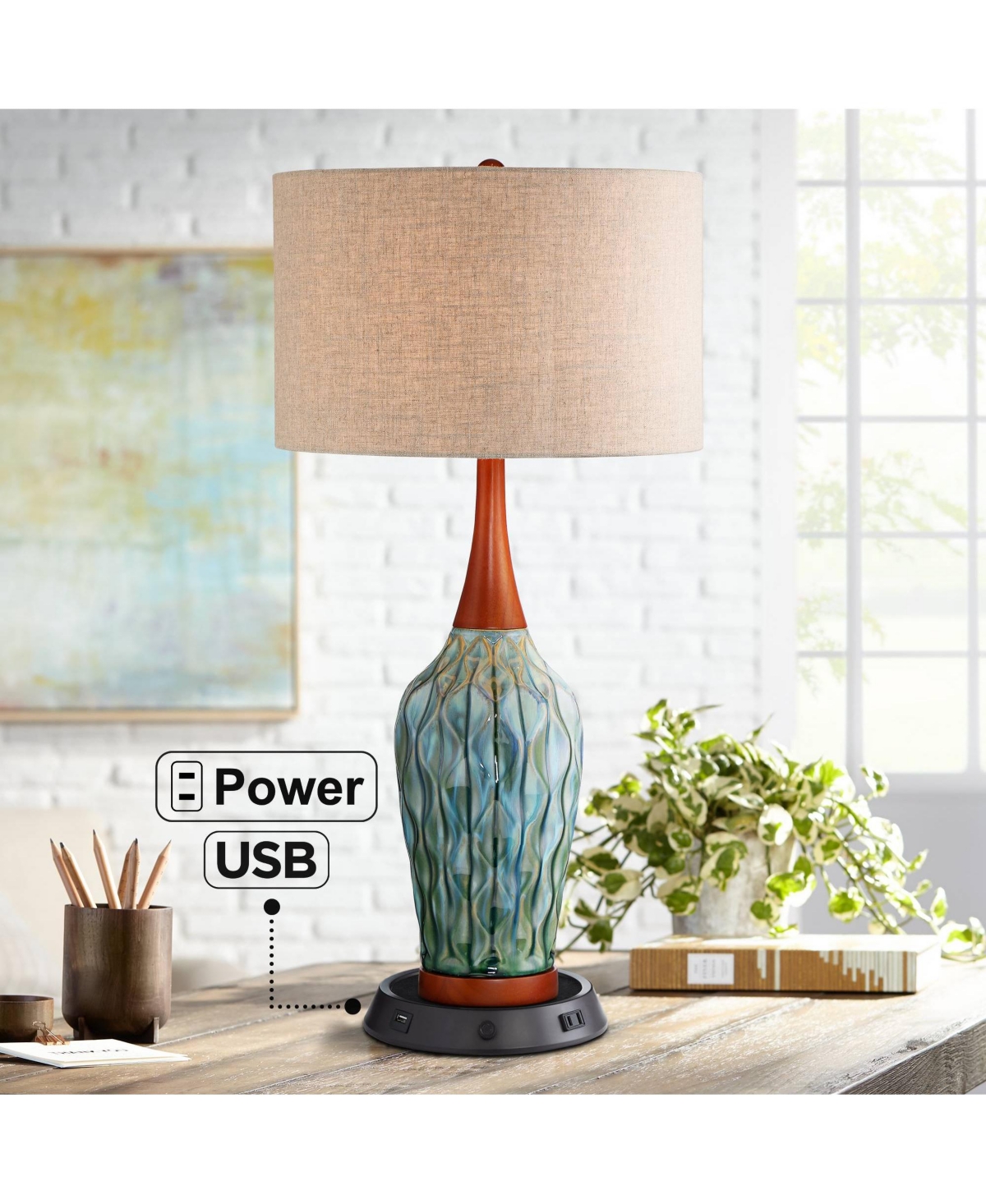 360 Lighting Rocco Mid Century Modern Table Lamp with Dimmable Usb Workstation Charging Base TallTeal Ceramic Cherry Wood Linen Drum Shade f