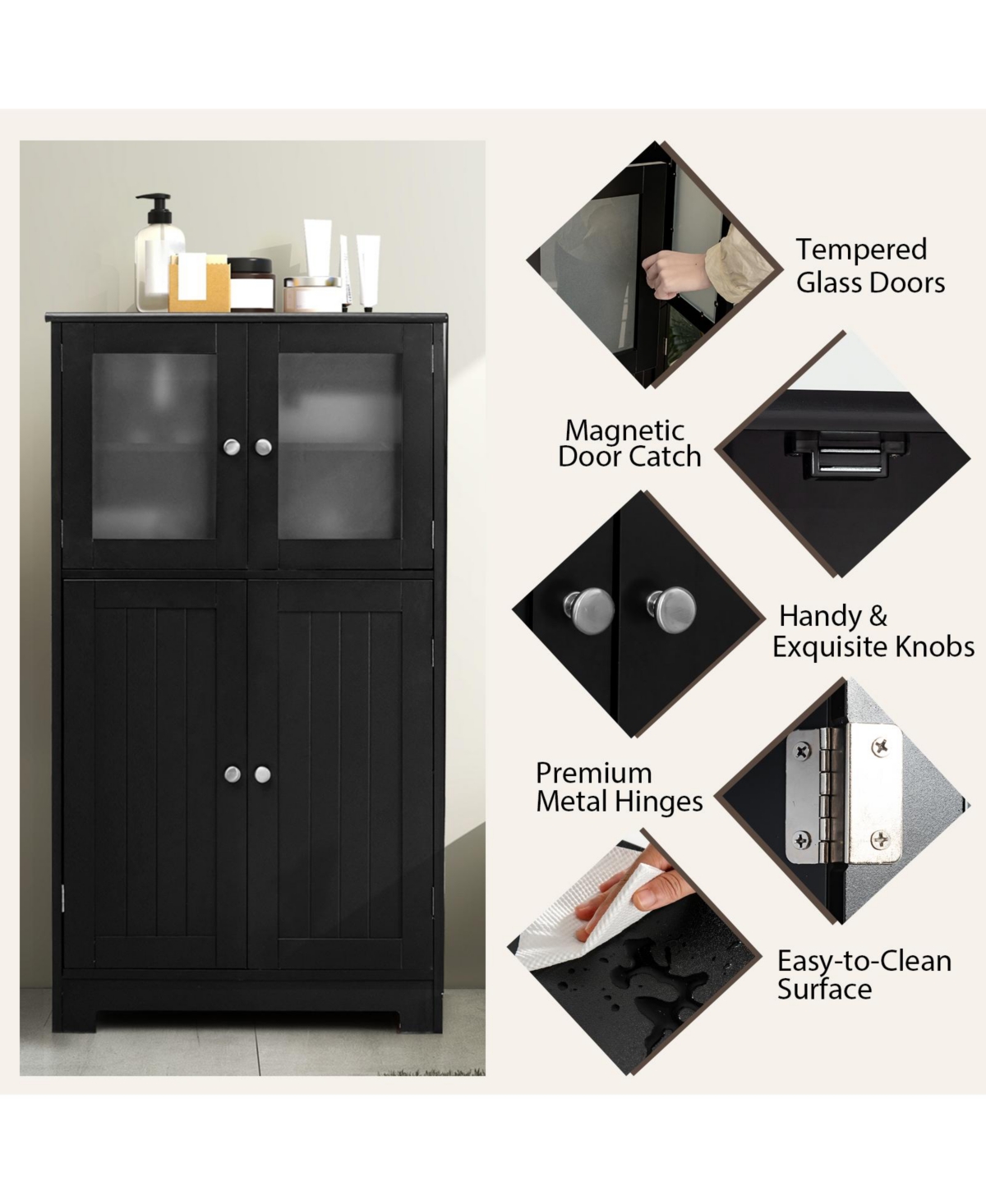 Costway Bathroom Floor Storage Cabinet Kitchen Cupboard w/Doors&Adjustable Shelf