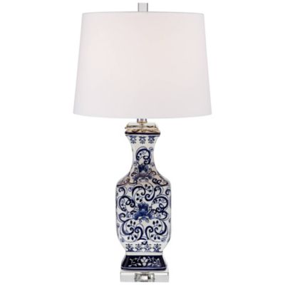 Iris Vintage Style Table Lamp 28" Tall Blue White Floral Geneva with Table Top Dimmer White Drum for Bedroom Living Room Bedside Office
