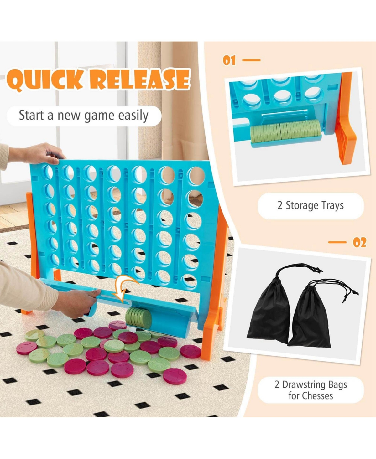 Wall Mounted or Tabletop Giant 4 a Row Jumbo 4-to-Score Connect Game Set