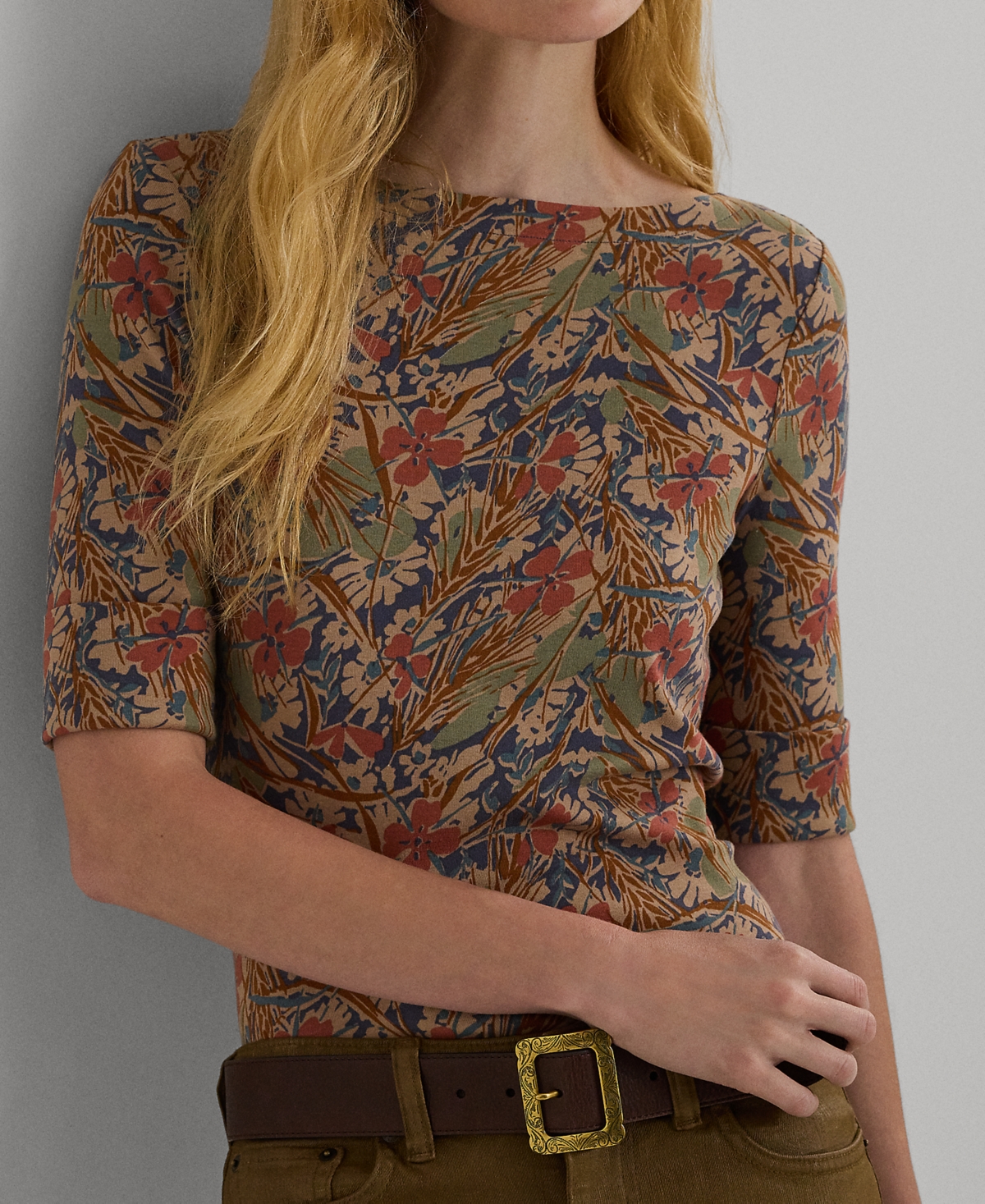 Lauren Ralph Lauren Petite Printed Boat-Neck Top