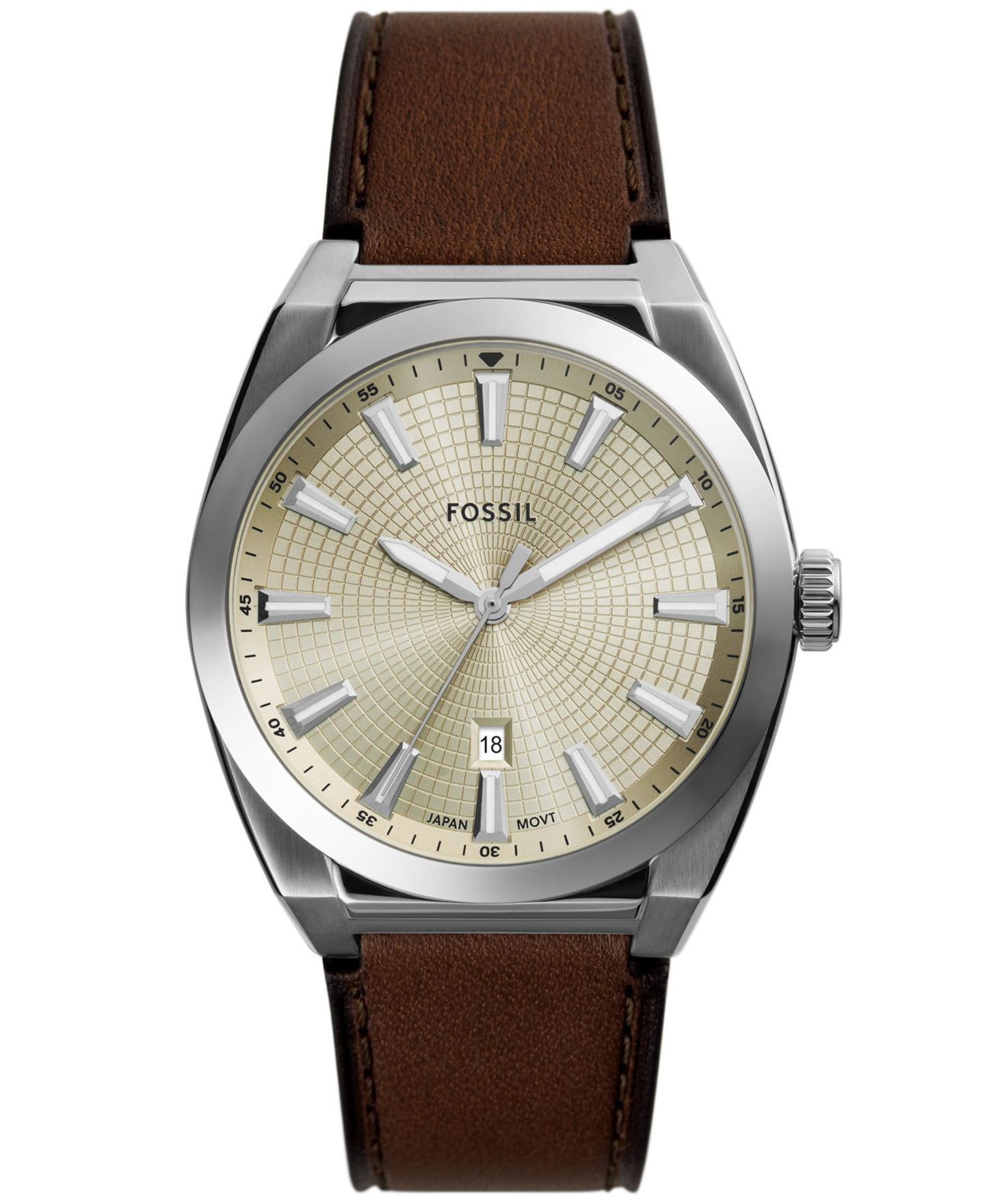 Мужские часы Fossil Everett Three-Hand Date Brown Leather, 42mm — фото 1