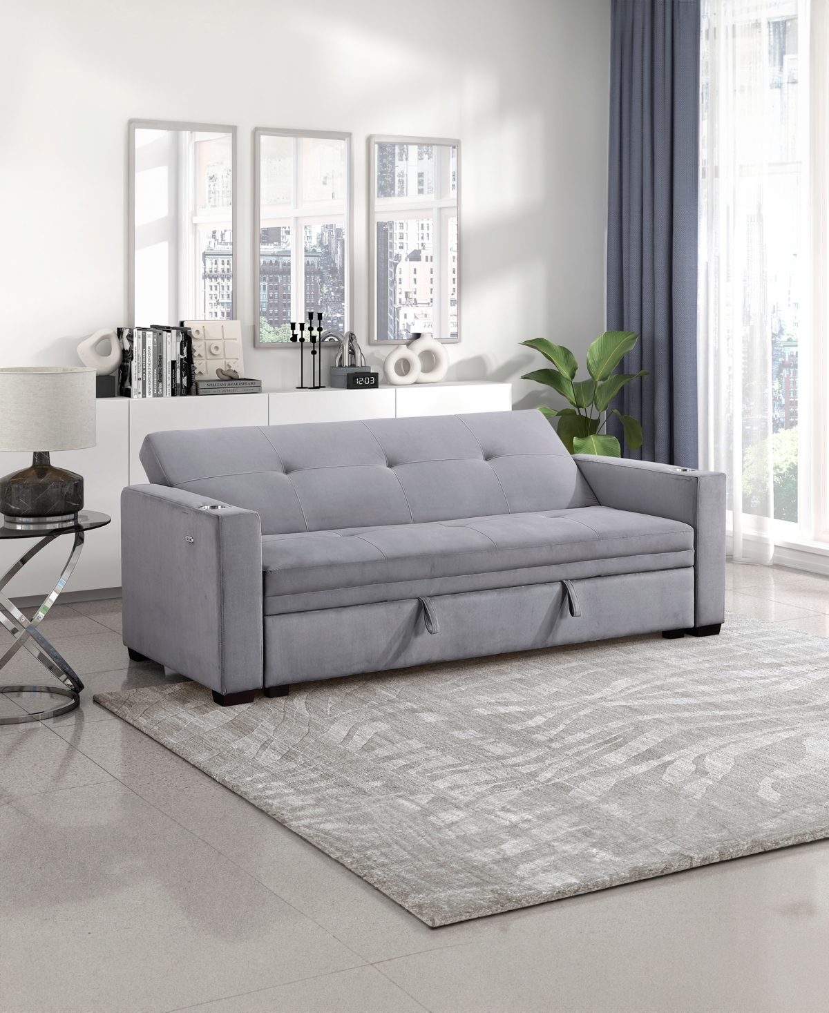 HOMELEGANCE WHITE LABEL GAINESVILLE 84" CONVERTIBLE SOFA WITH HIDDEN STORAGE, CUP HOLDERS AND USB CHARGING PORTS 