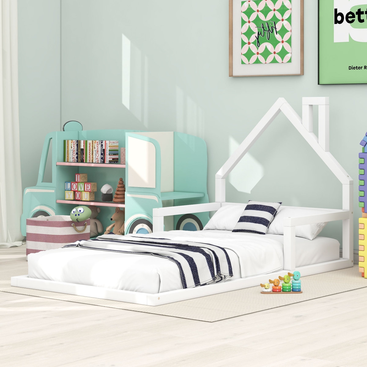 Simplie Fun Twin Size Wood Floor Bed With House-Shaped Headboard