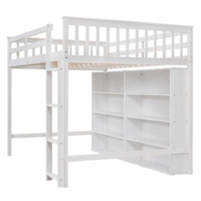 Full Size Loft Bed With 8 Open Storage Shelves And Builtin Ladder