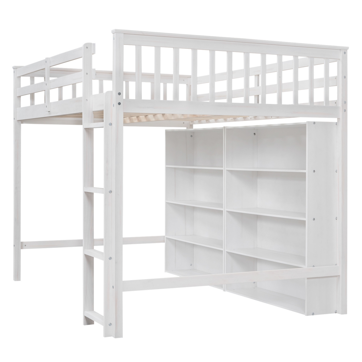 Full Size Loft Bed With 8 Open Storage Shelves And Builtin Ladder