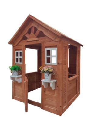 All Wooden Kids Playhouse With 2 Windows And Flower Pot Holder, 42"L x 46"W x 55" H