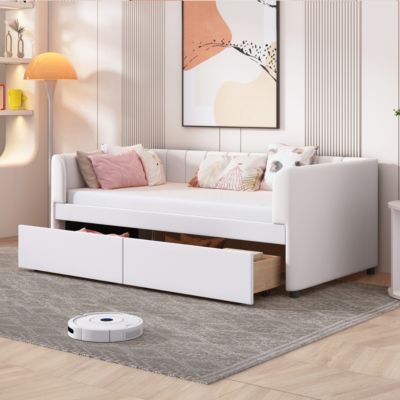 Twin Size Upholstered Daybed With Ergonomic Design Backrest And 2 Drawers