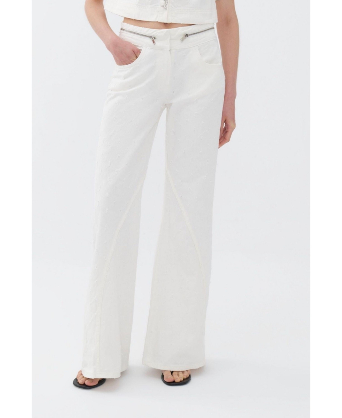 Women's Wide Leg Jeans with Zipper Detail at Waist - Open white