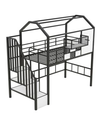 Metal Loft Bed With Roof Design And A Storage Box, Twin