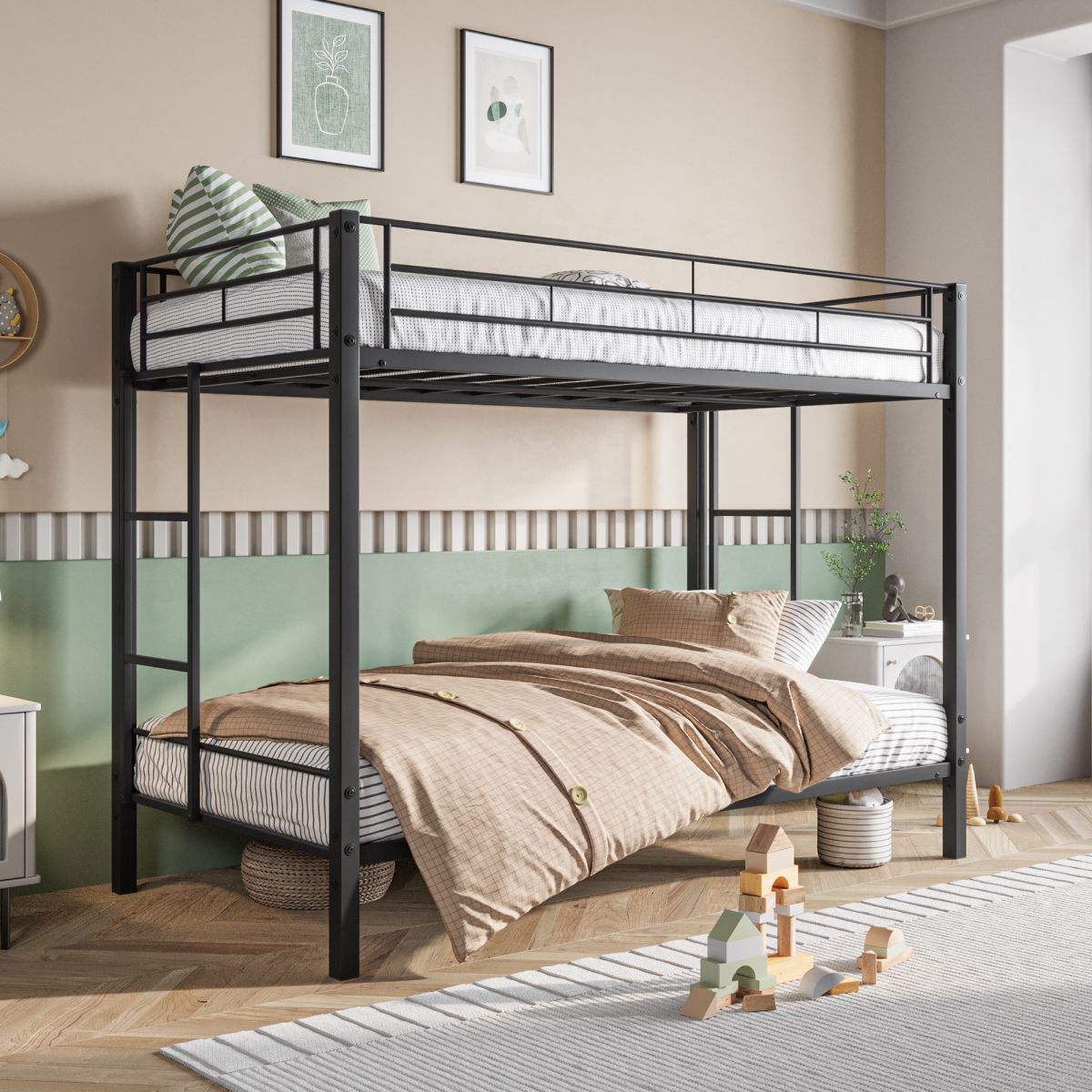 Simplie Fun Heavy Duty Twin Over Twin Metal Bunk Bed with Shelf