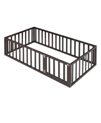 Twin Size Wood Floor Bed Frame With Fence And Door, Walnut