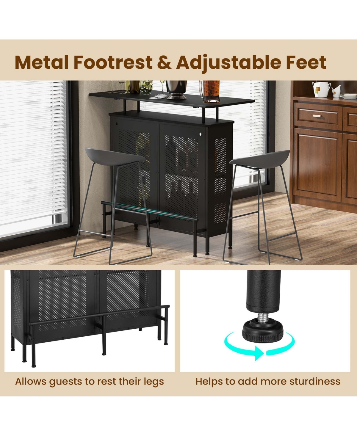 Costway 4-Tier Metal Home Bar Unit Liquor Bar Table with Storage Shelves & Glass Holders