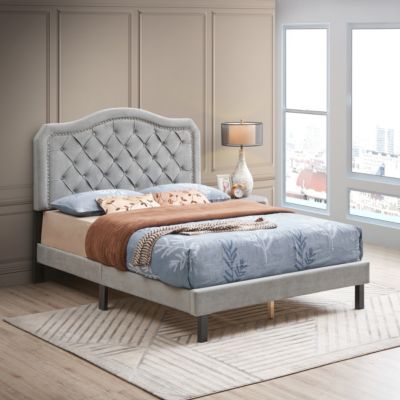 Gray Velvet Upholstered Queen Platform Bed