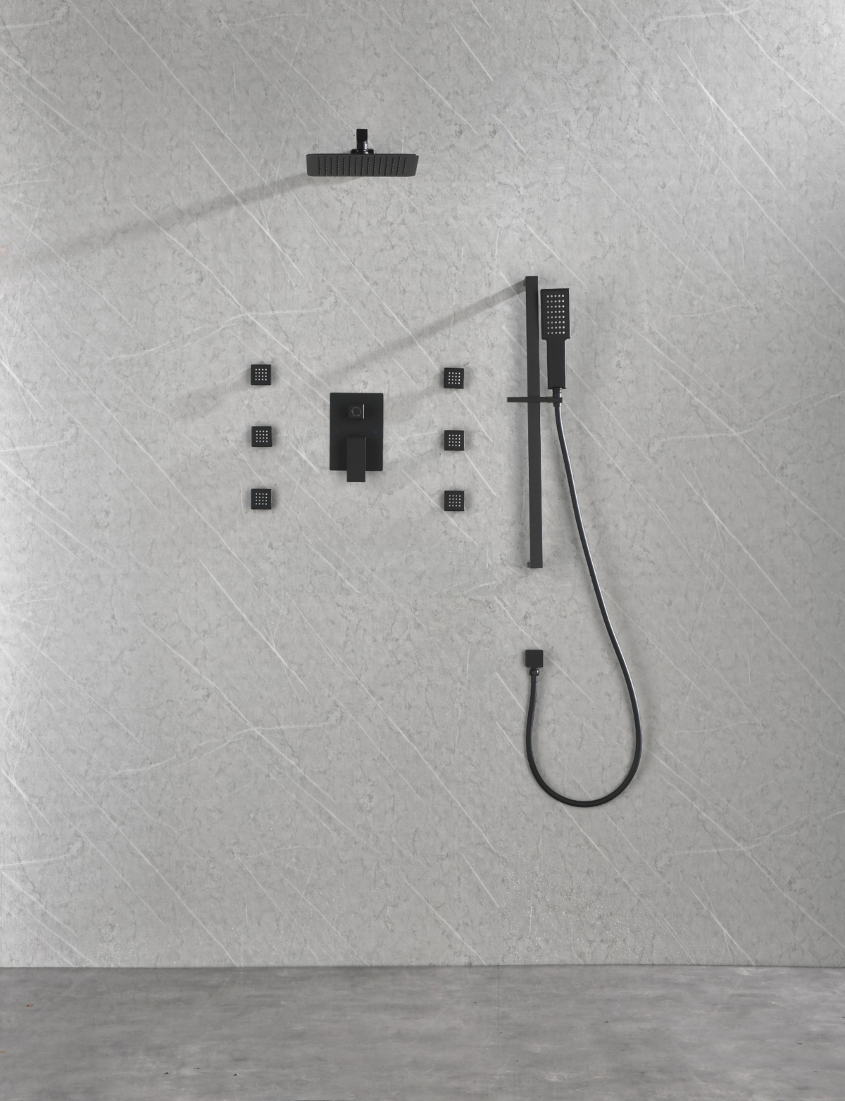 Wall Mounted Waterfall Rain Shower System With 3 Body Sprays & Handheld Shower - Matt black
