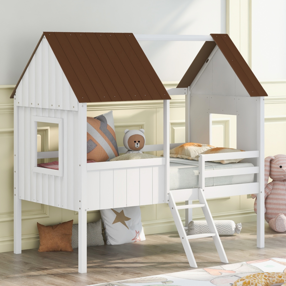 Simplie Fun Twin Size Low Loft Wood House Bed With Two Side Windows