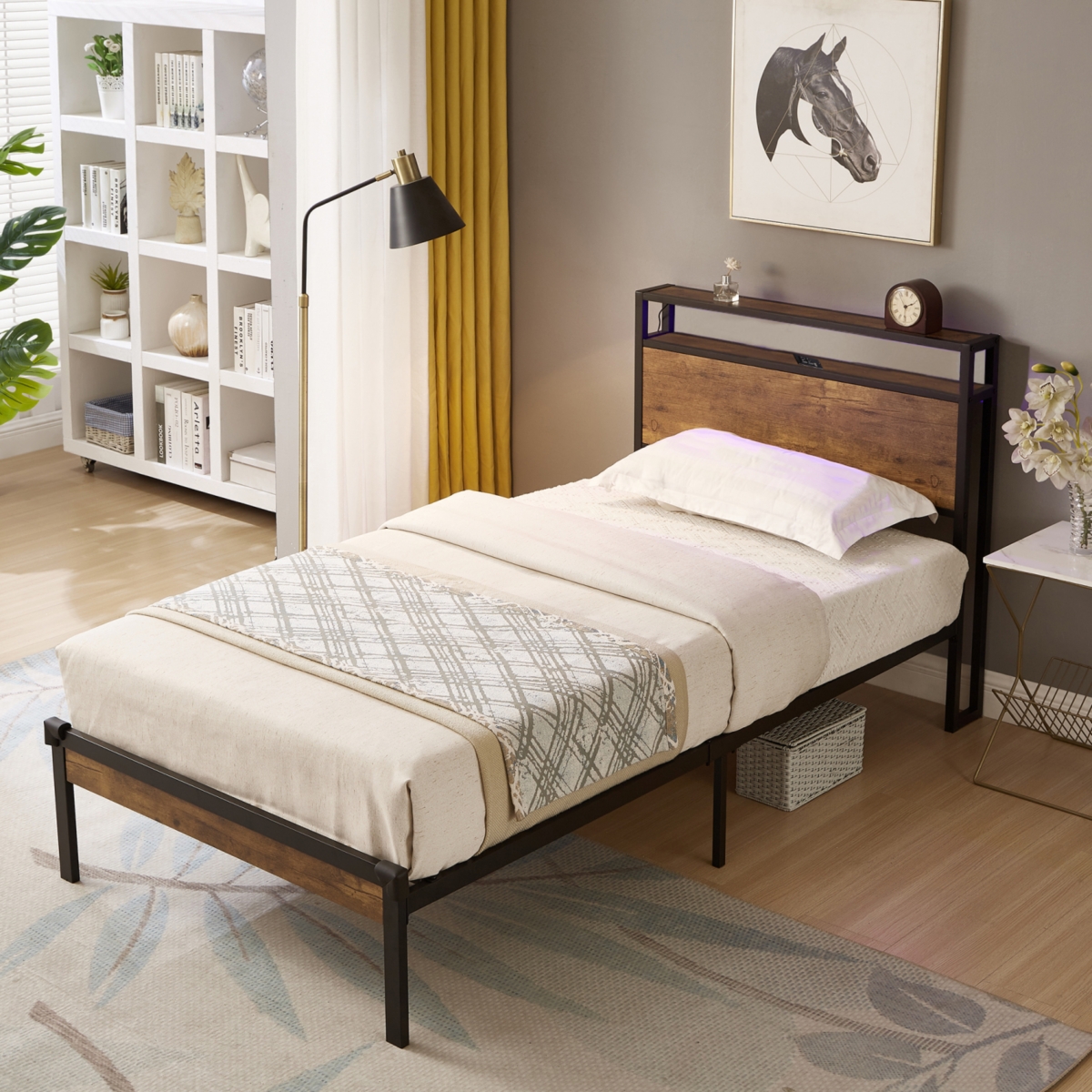 Twin Metal Bed Frame with Headboard & Usb, Storage, Easy Assemble