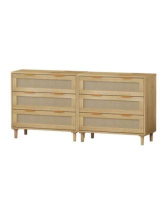Modern 3-Drawer Oak Rattan Storage Cabinet (Set of 2)