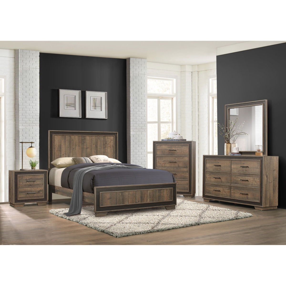 Simplie Fun Rustic Style 1 Piece Nightstand Two-Tone Finish Embossed Faux-Wood Bedside Table Bedroom Furniture