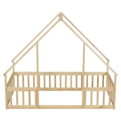 Twin Wood House-Shaped Floor Bed with Fence, Guardrails.