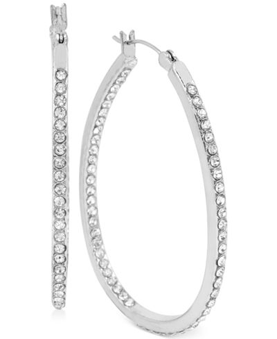 Touch of Silver Medium Oval Crystal Hoop Earrings in Silver-Plated Brass