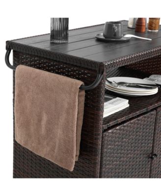Outdoor Wicker Bar Cart with Wheels and Glass Tabletop
