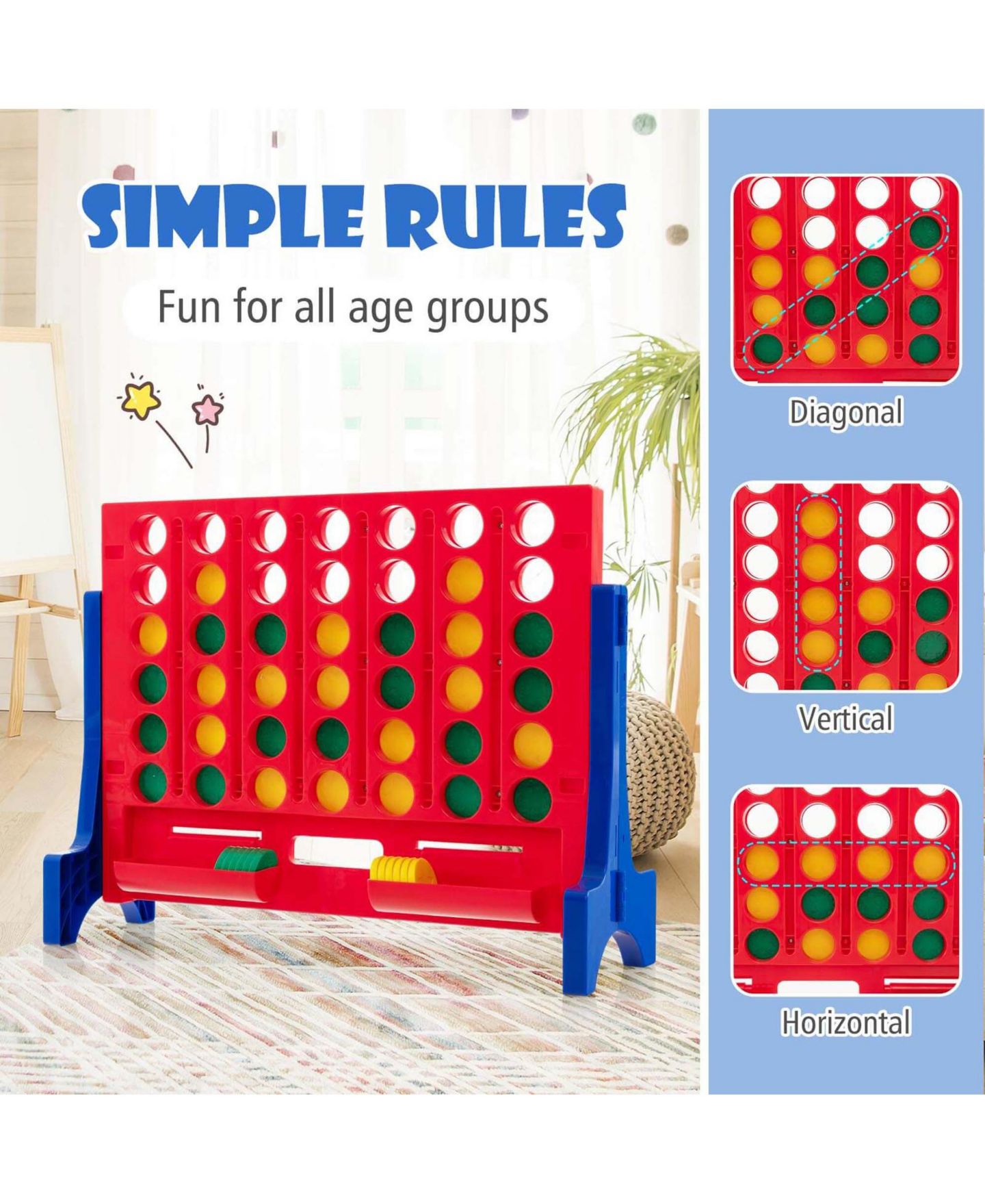 Детские настольные игры Costway Giant 4 in a Row, 2-Player Wall Mounted or Tabletop Board Game, 42-Piece, Ages 3+, цвет: Синий — фото 8