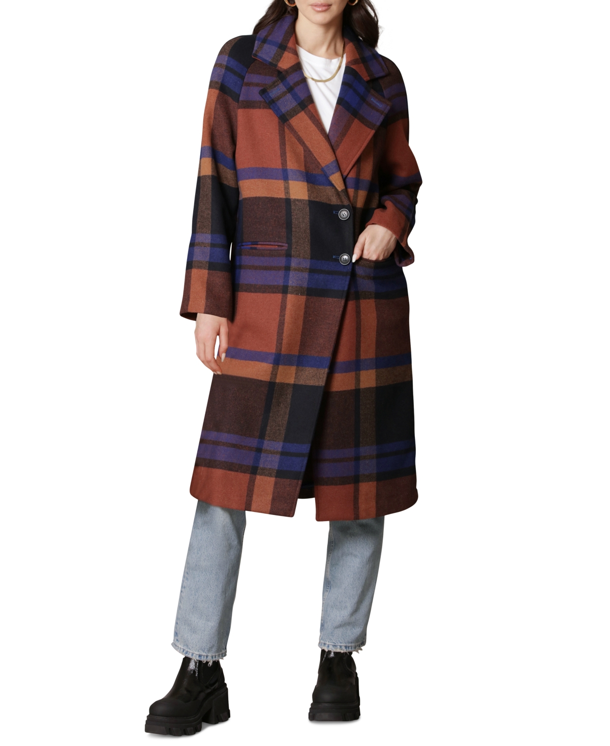 Avec Les Filles Women's Double-Breasted Walker Coat -Rust Plaid