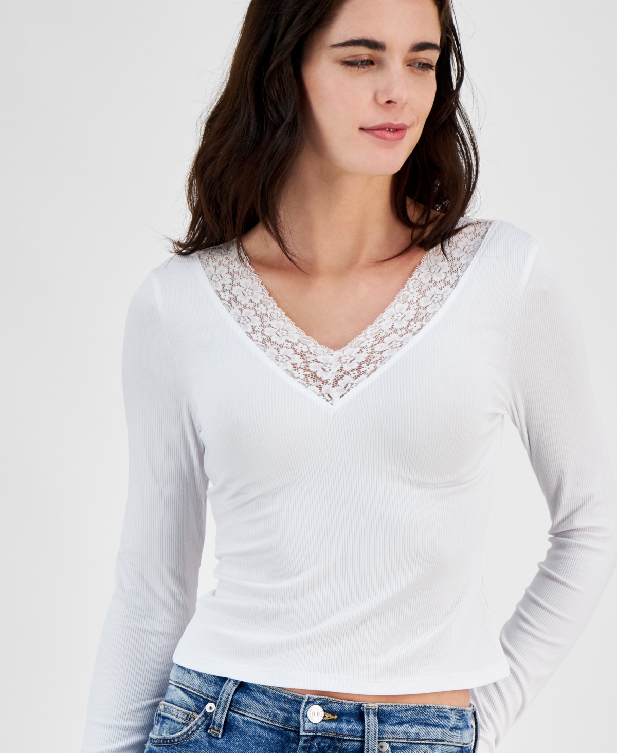 Just Polly Juniors' V-Neck Lace-Trim Long-Sleeve Top