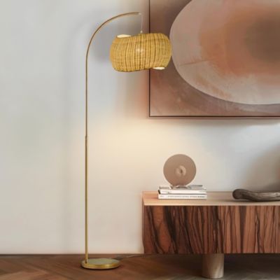 Wave Pendant LED Arc Standing Floor Lamp with Wicker Shade (81")