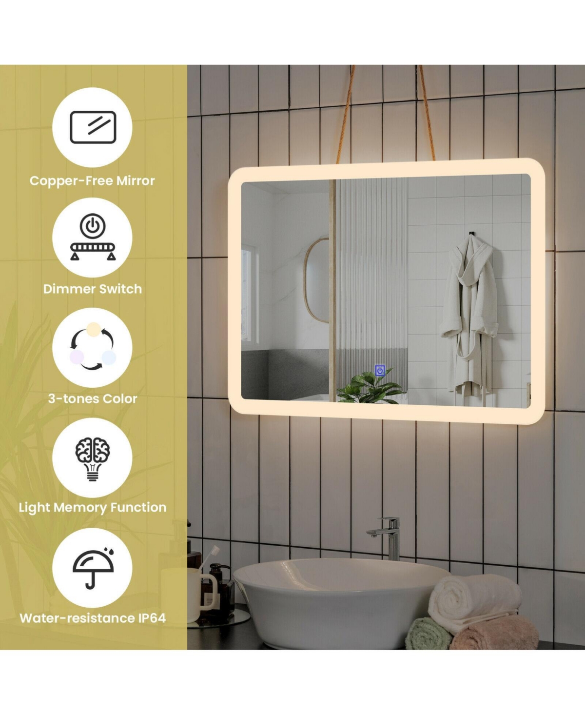 Led Wall-mounted Bathroom Rounded Arc Corner Mirror with Touch