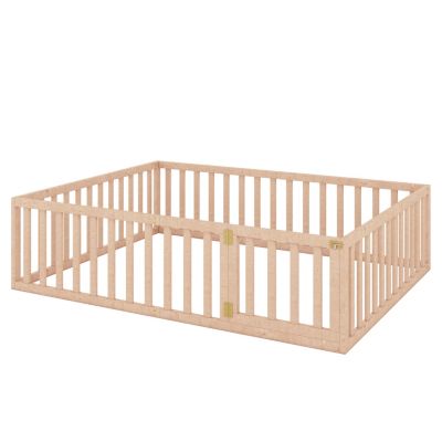 Queen Size Wood Floor Bed Frame With Fence And Door