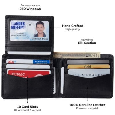 Mens Genuine Leather Wallet Passcase Bifold  RFID Safe 2 ID Windows