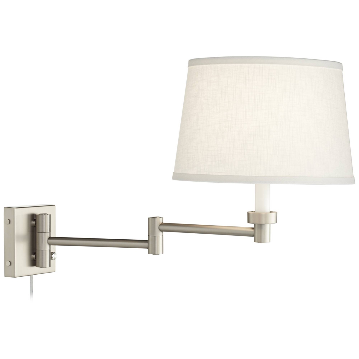 Modern Indoor Swing Arm Wall Lamp Brushed Nickel Plug-In Light Fixture Dimmable White Linen Tapered Drum Shade for Bedroom Bedside House Reading Livin