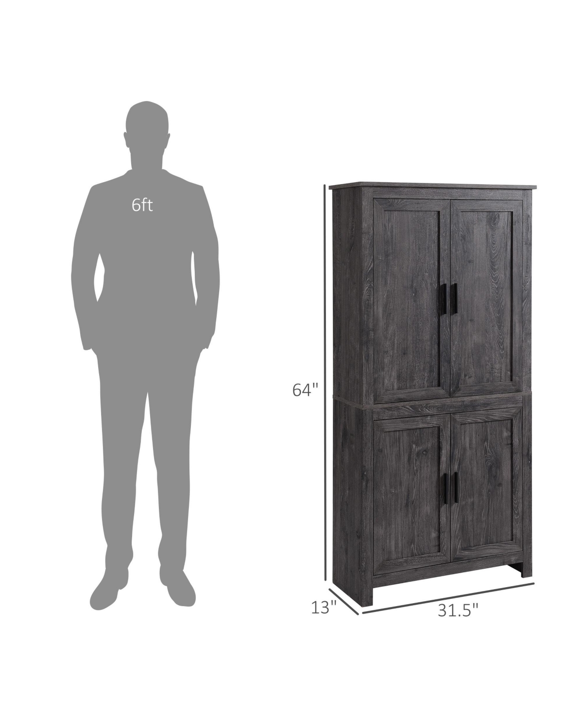 Homcom 64" 4-Door Kitchen Pantry, Freestanding Storage Cabinet with 3 Adjustable Shelves for Kitchen, Dining or Living Room, Grey