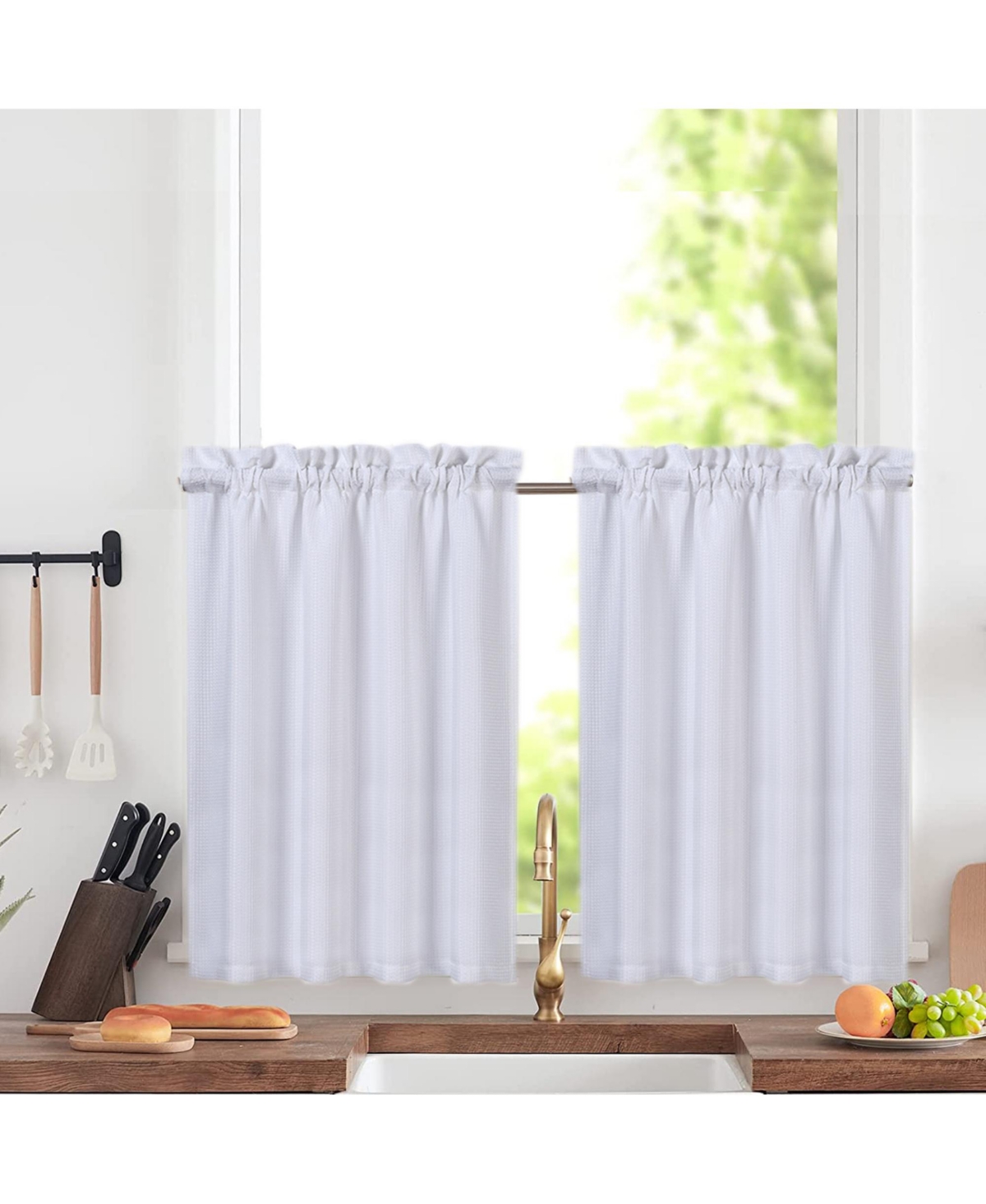 Waffle Weave Rod Pocket Kitchen Tier Window Curtain Pair, 60" x 36" - White