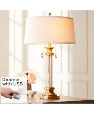 Traditional Table Lamp with USB Charging Port 30" Tall Antique Brass 2-Light Drum Shade for Living Room Bedroom House
