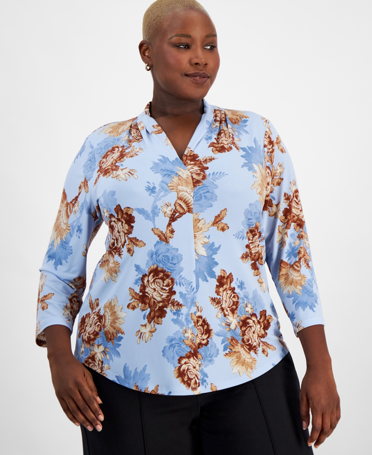 Jm Collection Plus Size Vintage Enchantment V-neck Top, Created For Macy's In Clear Blue Sky Combo