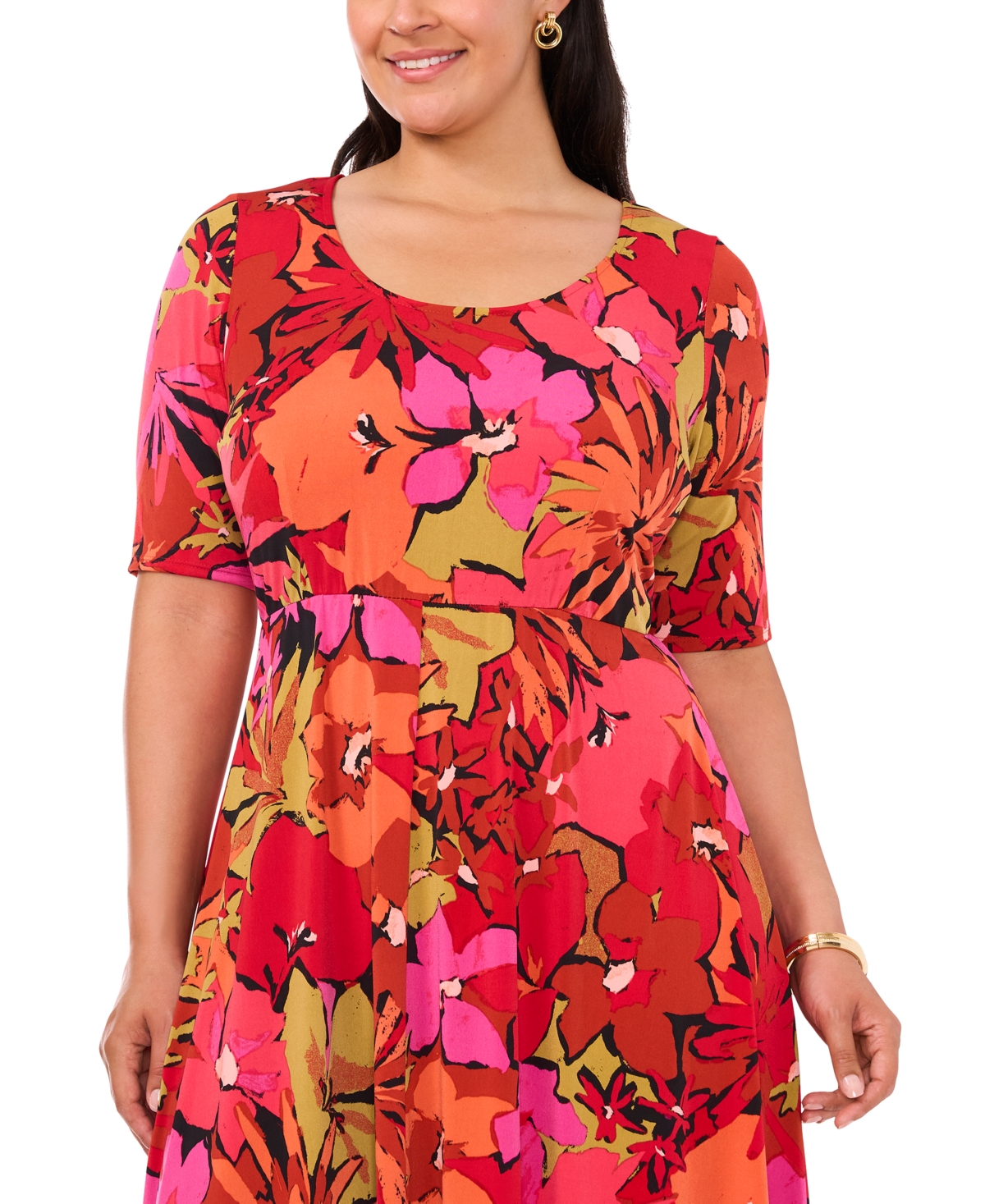 Msk Plus Size Printed Scoop-Neck Elbow-Sleeve Fit & Flare Dress - Black 001