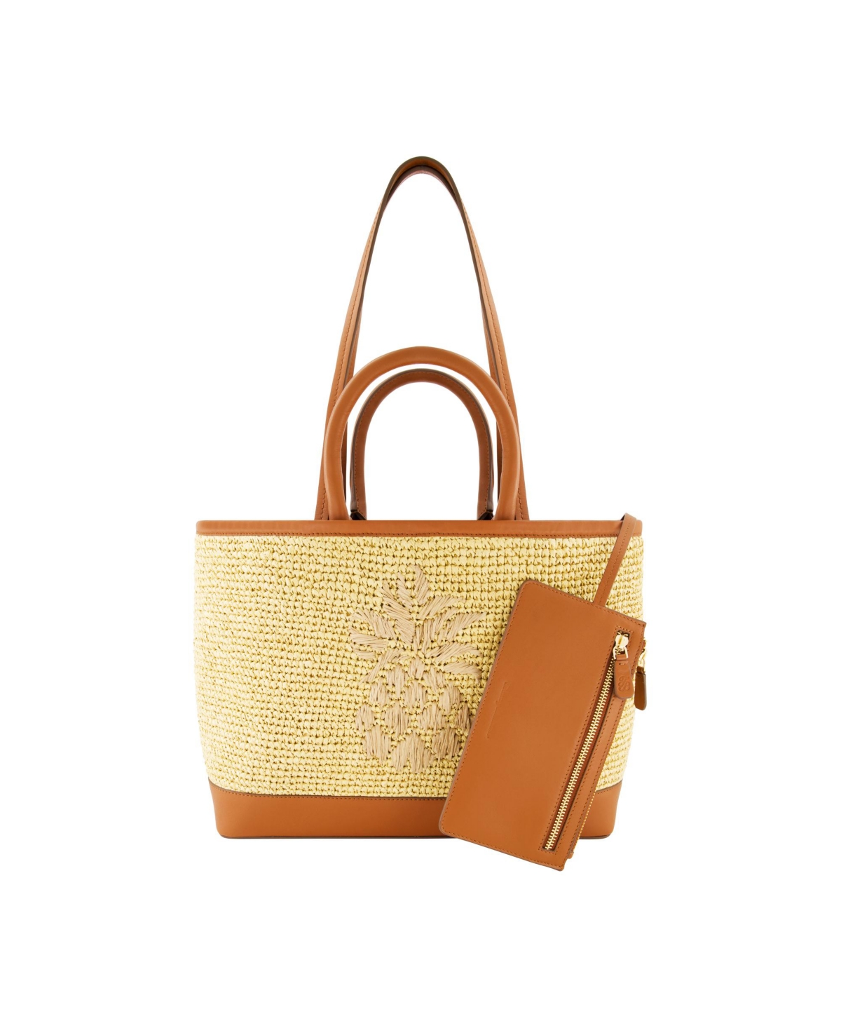 Leather Trim Raffia Tote with pouch - Beige/Khaki