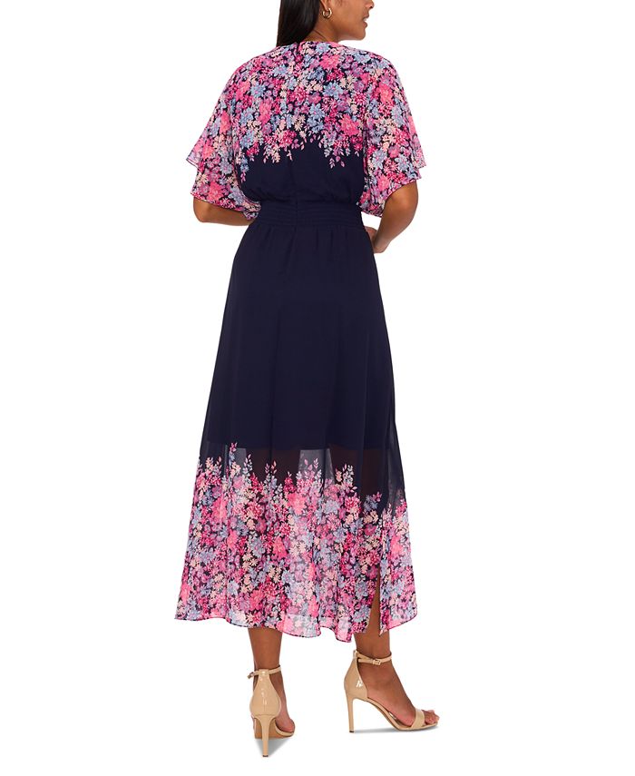 Floral Summer Midi Dress - V-Neck, Flutter Sleeves, Smocked Waist (Pink & White)