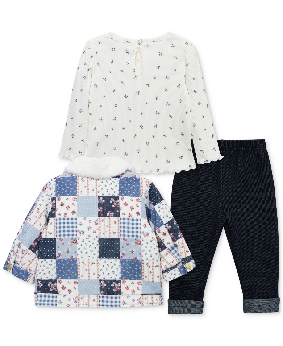Little Me Baby Girls Patchwork Jacket, Floral Tee & Denim Pants Set