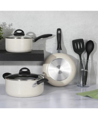 Clairorne 7 Piece Aluminum Premium Nonstick Pots and Pans Cookware Set W/ Induction & Bakelte Stay Cool Handle - White W/ Speckle