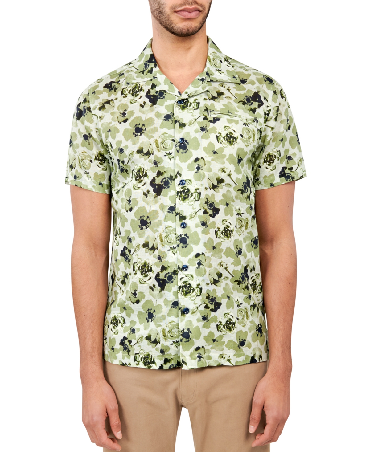 Men's Arlington Slim-Fit Stretch Rose-Print Button-Down Camp Shirt - Green