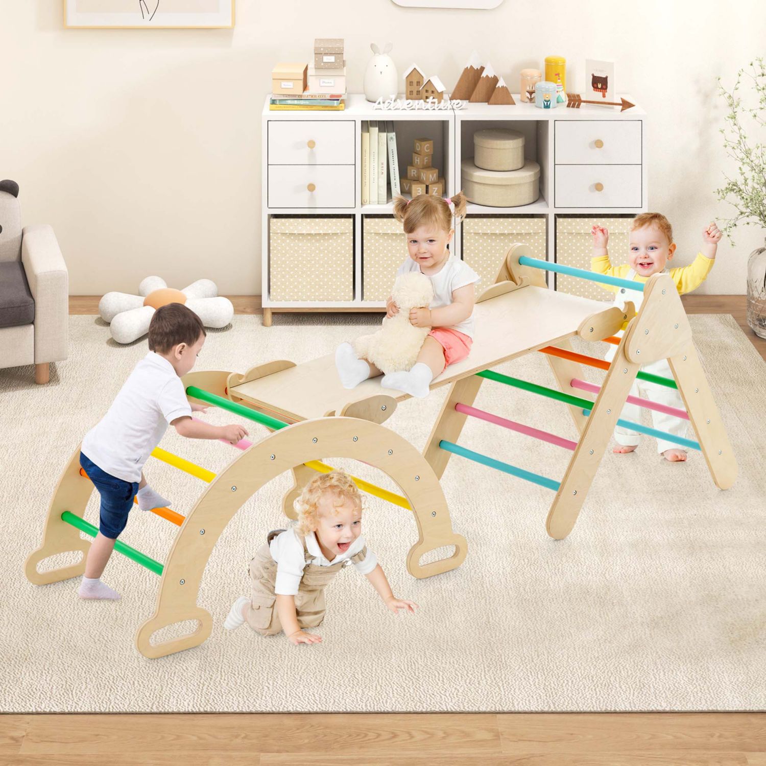 3-in-1 Wooden Climber with Triangle, Arch, and Ramp, 3-Piece Set