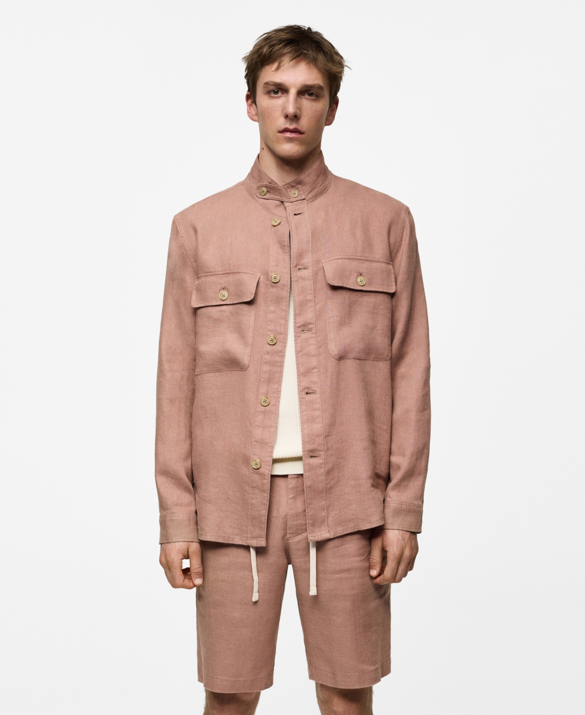Mango Men's Linen Pockets Detail Overshirt In Pastel Pink