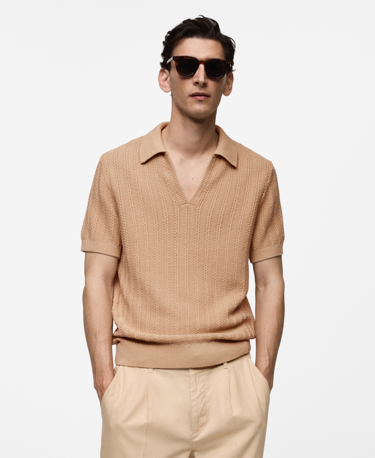 Men's Twisted Knitted Cotton Polo Shirt - Nude
