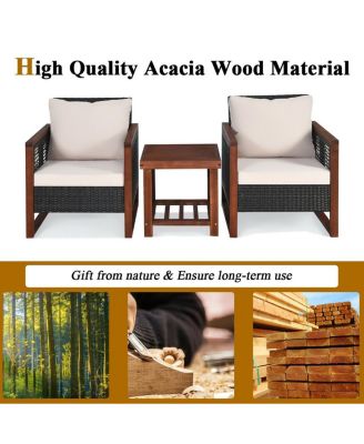 3 Pieces Patio Wicker Furniture Set with Washable Cushion and Acacia Wood Coffee Table-Beige