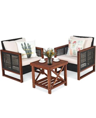 3 Pieces Patio Wicker Furniture Set with Washable Cushion and Acacia Wood Coffee Table-Beige